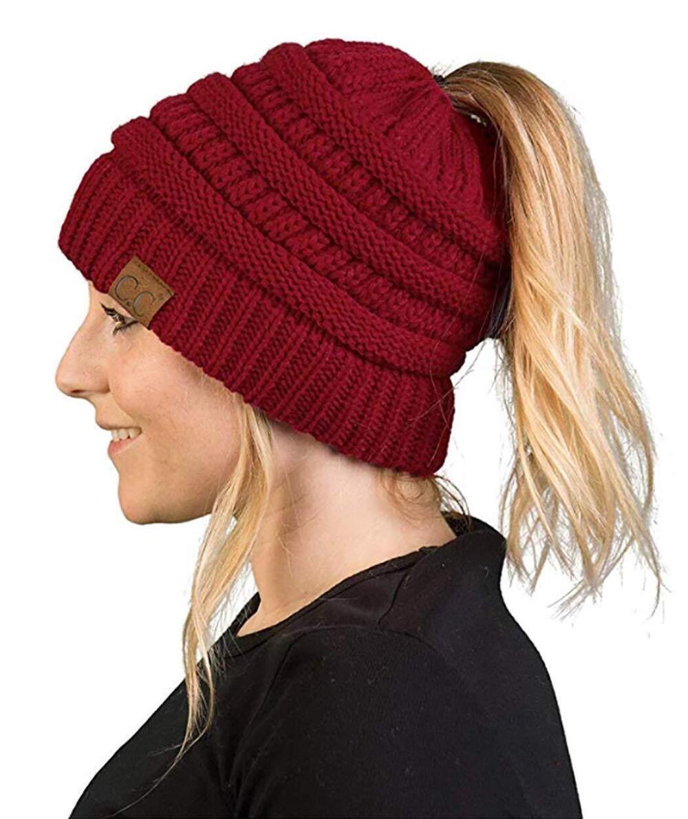 7877 Matching 2 Pack: Ponytail Beanie & Infinity Scarf, Burgundy - Picture 3 of 6